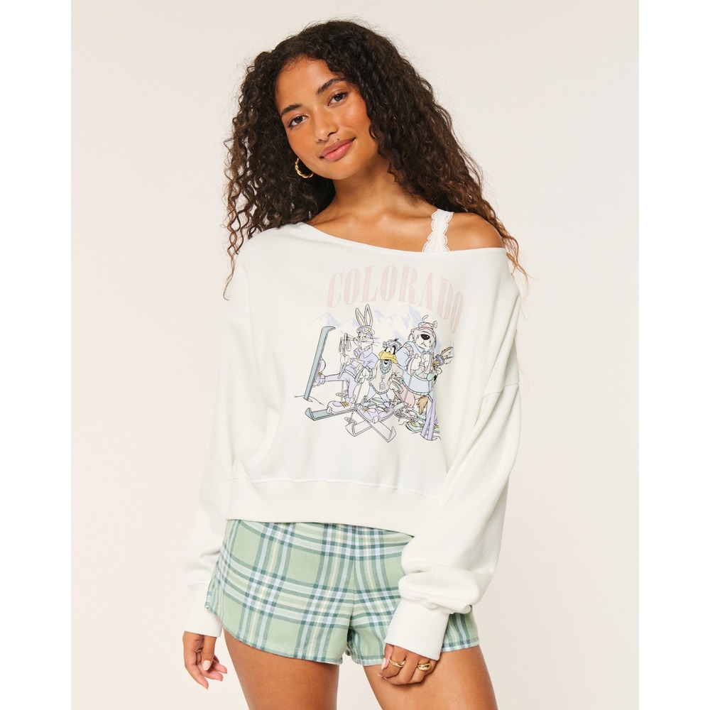Hollister Looney Tunes Colorado Graphic Sweatshirt White Off Shoulder Cropped S